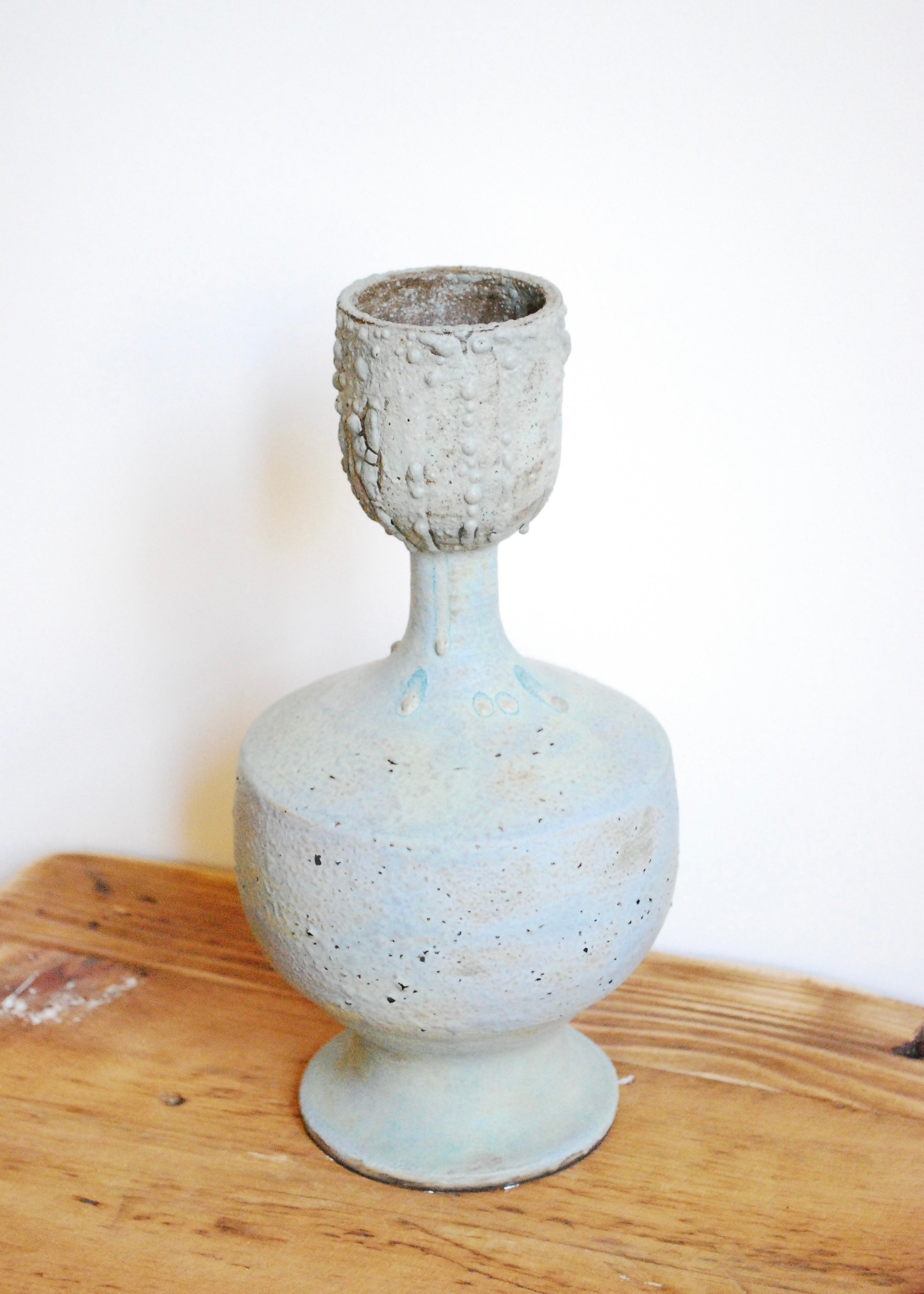 Ornate handmade ceramic vase or vessel with cupped top and textural worn glaze in Sea foam green and gray