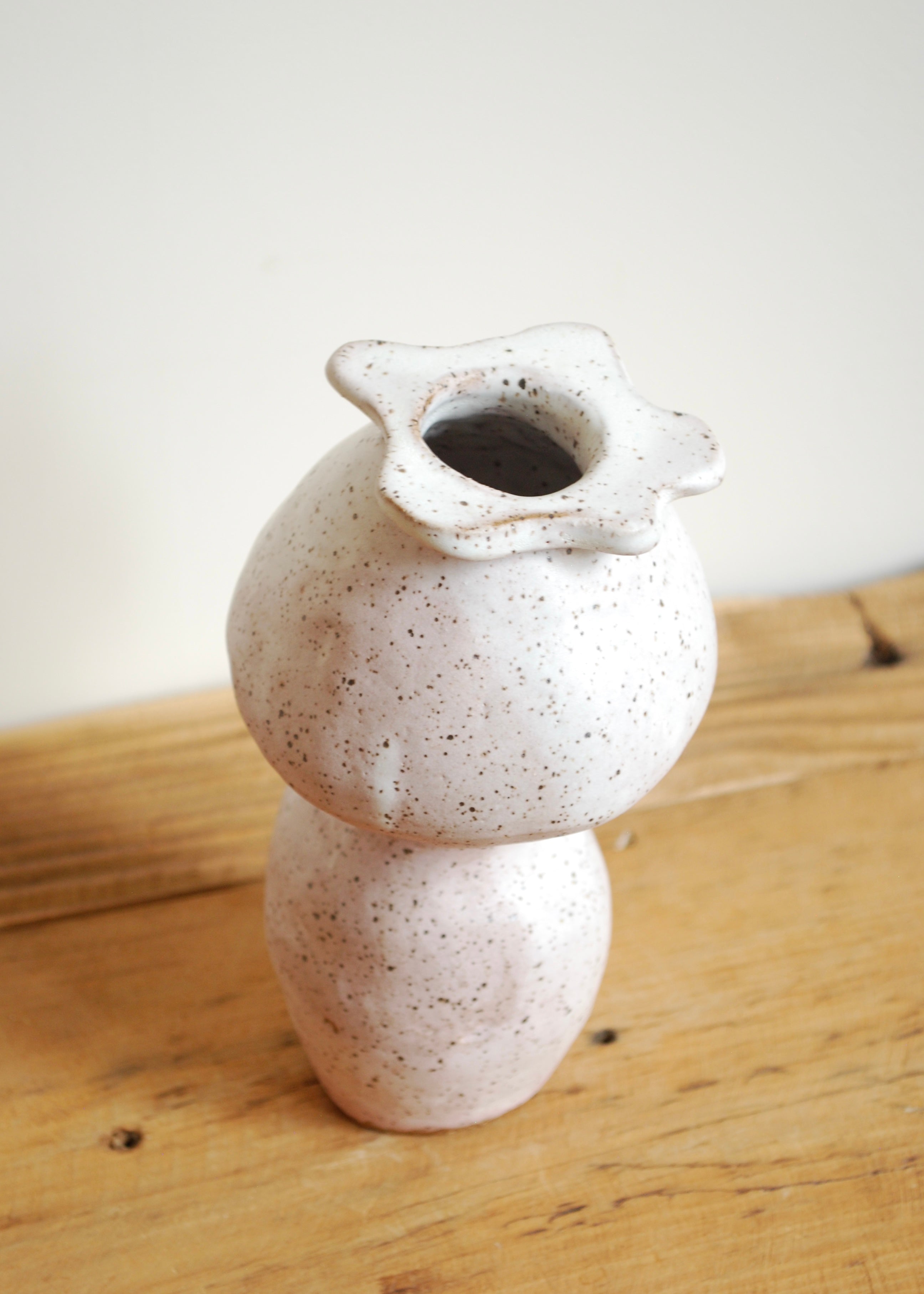 handmade speckled glaze ceramic mini flower opening vase with pink hue