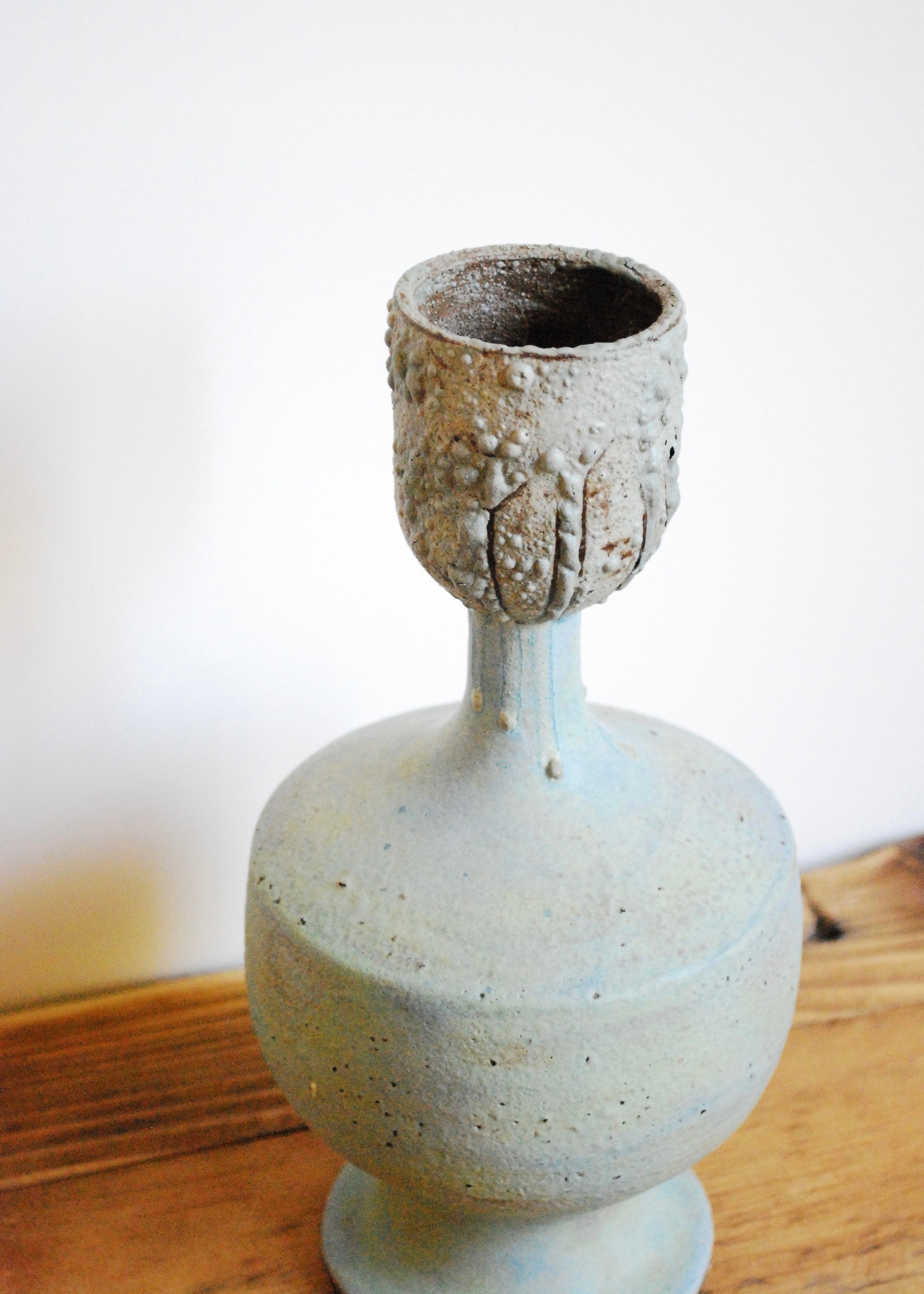 Ornate handmade ceramic vase or vessel with cupped top and textural worn glaze in Sea foam green and gray 