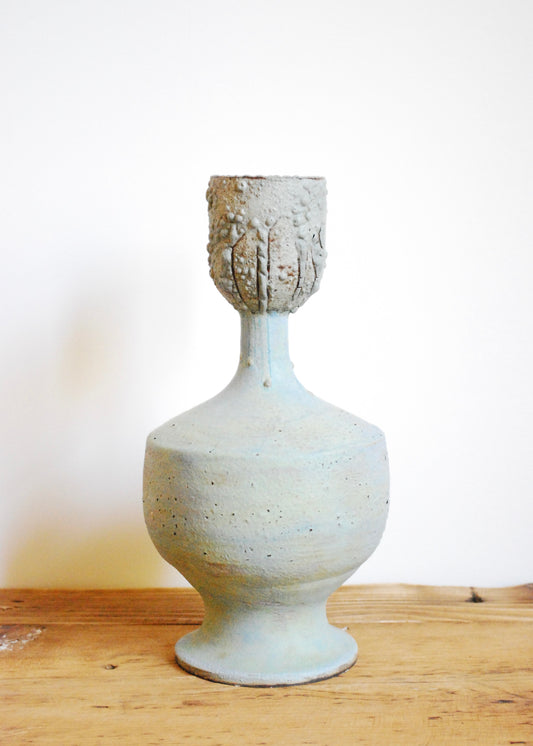 Ornate handmade ceramic vase or vessel with cupped top and textural worn glaze in Sea foam green and gray 